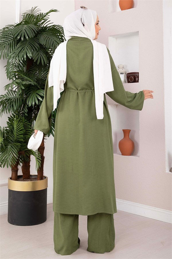 Lace-up Long Kimono Pants Set, Khaki