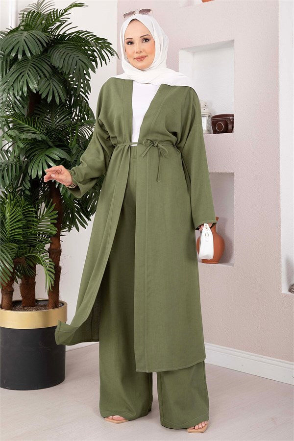 Lace-up Long Kimono Pants Set, Khaki