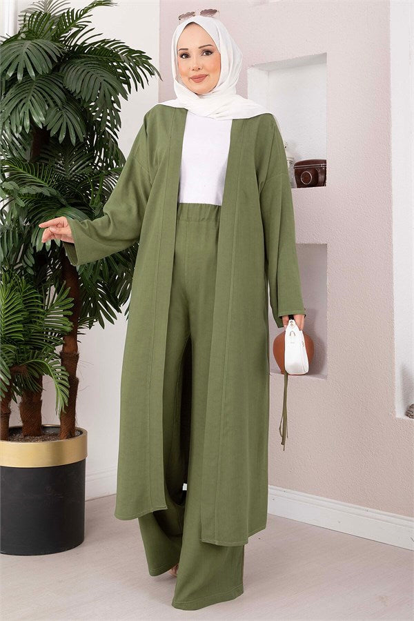 Lace-up Long Kimono Pants Set, Khaki