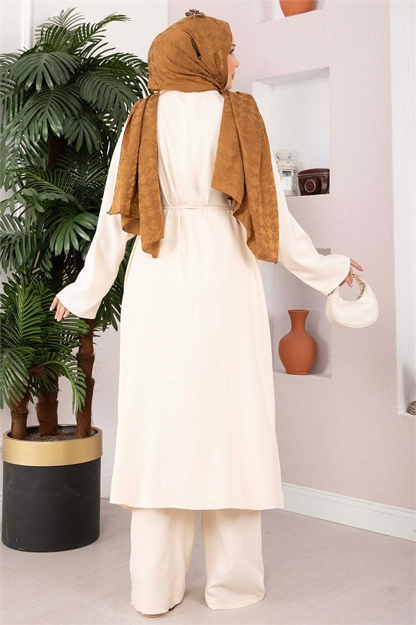 Lace-up Long Kimono Pants Set, Cream