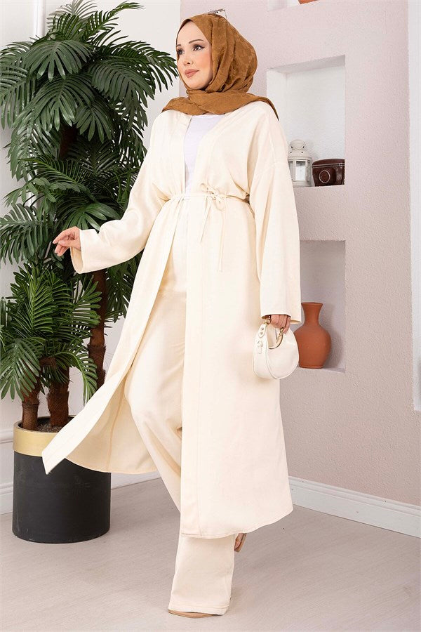 Lace-up Long Kimono Pants Set, Cream