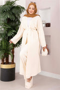 Lace-up Long Kimono Pants Set, Cream