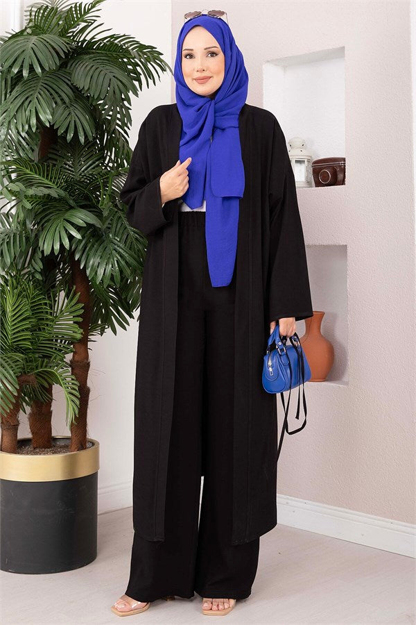 Lace-up Long Kimono Pants Set, Black