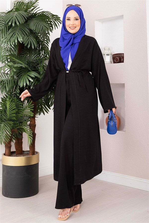 Lace-up Long Kimono Pants Set, Black