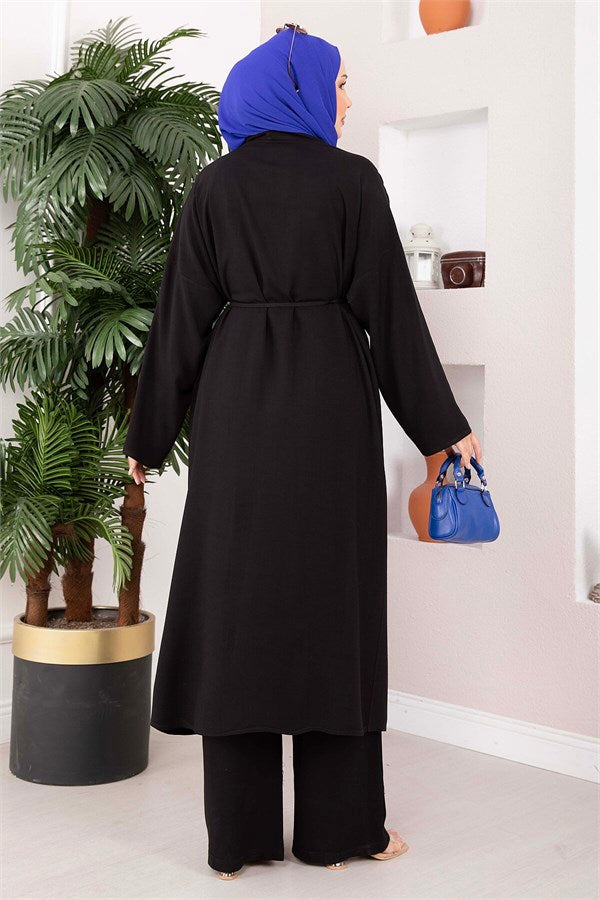 Lace-up Long Kimono Pants Set, Black