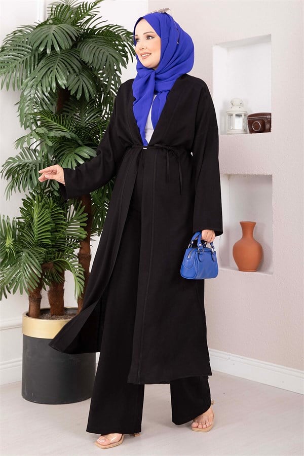 Lace-up Long Kimono Pants Set, Black