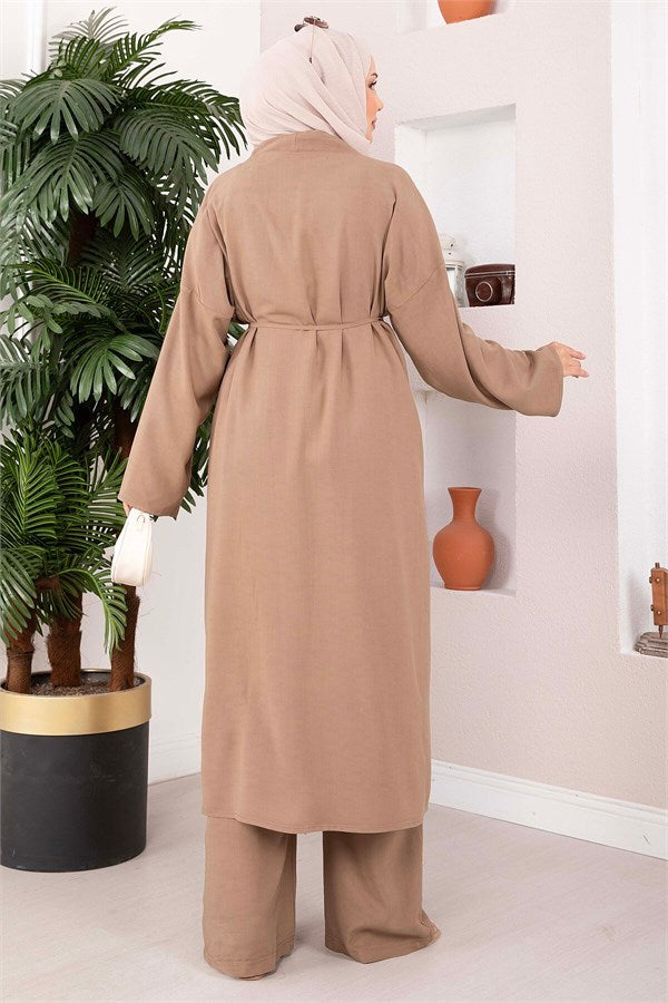 Lace-up Long Kimono Pants Set, Mink