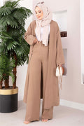 Lace-up Long Kimono Pants Set, Mink