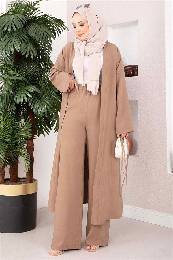 Lace-up Long Kimono Pants Set, Mink