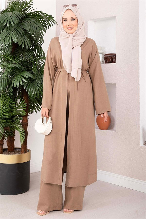 Lace-up Long Kimono Pants Set, Mink