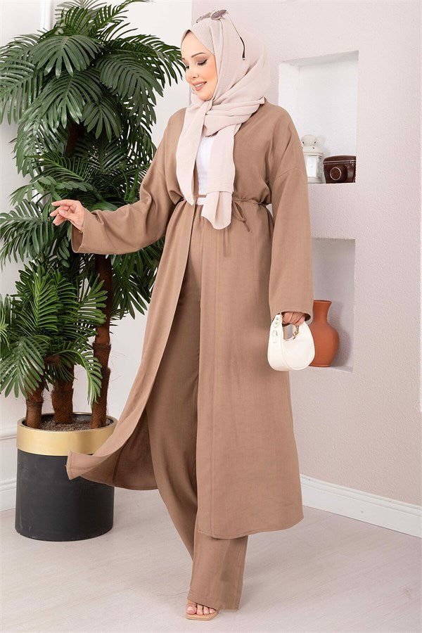 Lace-up Long Kimono Pants Set, Mink