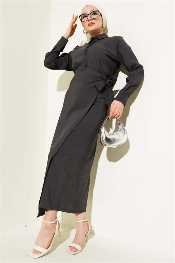 Tie Detailed Tencel Two Piece Skirted Suit Anthracite