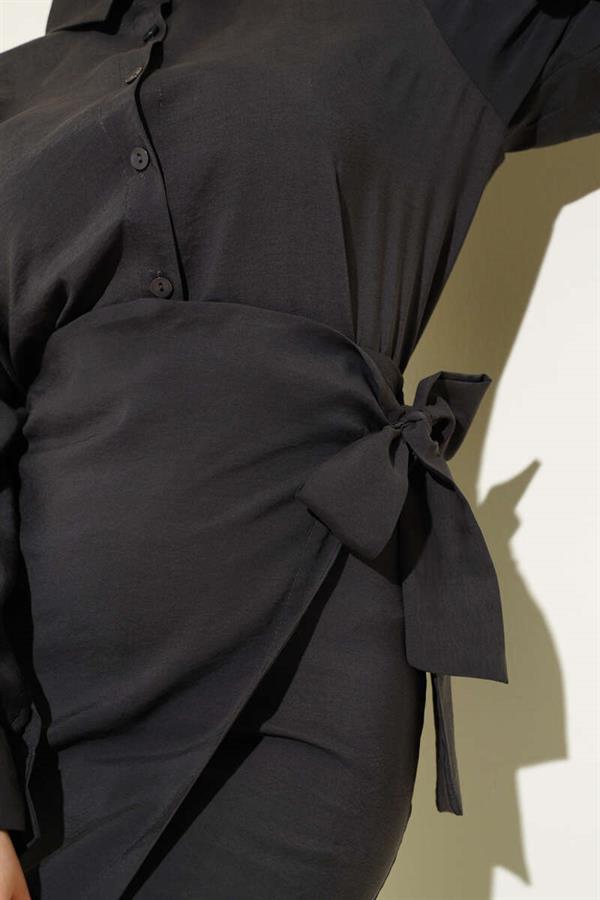 Tie Detailed Tencel Two Piece Skirted Suit Anthracite