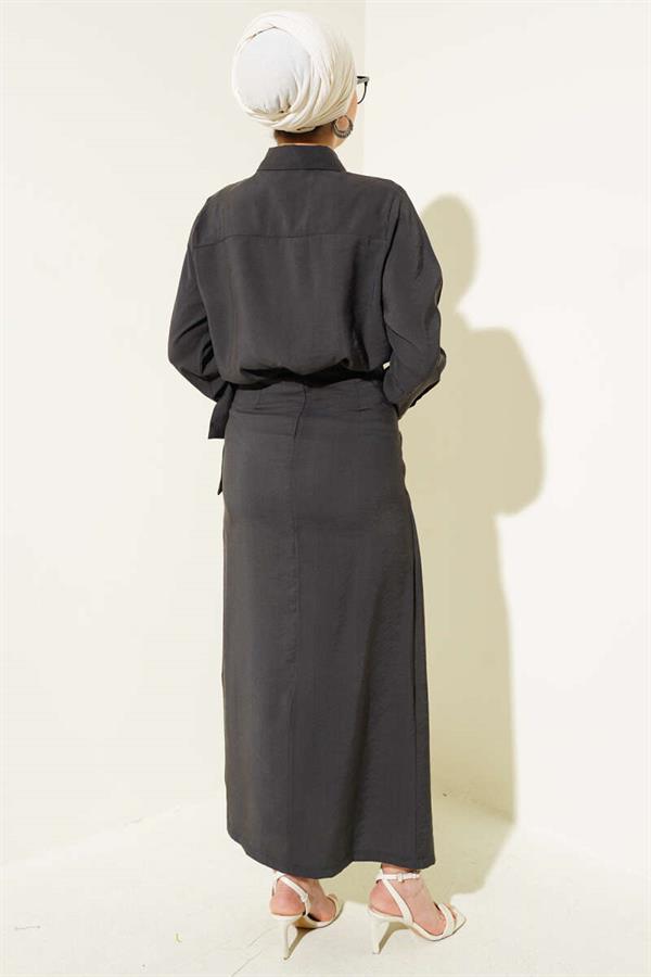 Tie Detailed Tencel Two Piece Skirted Suit Anthracite