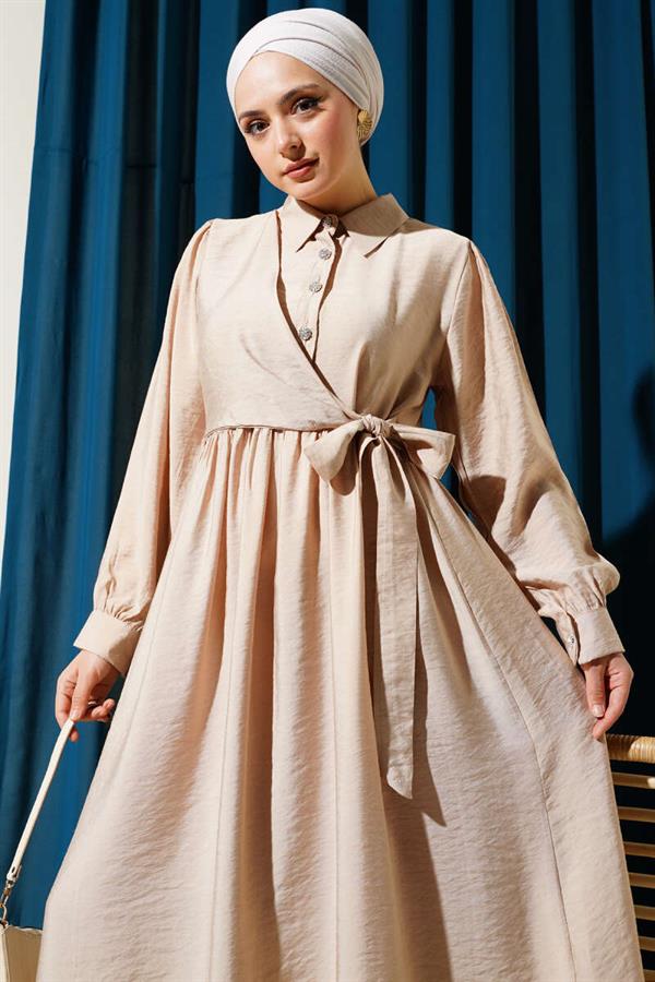 Tied Half Stone Buttoned Dress Beige