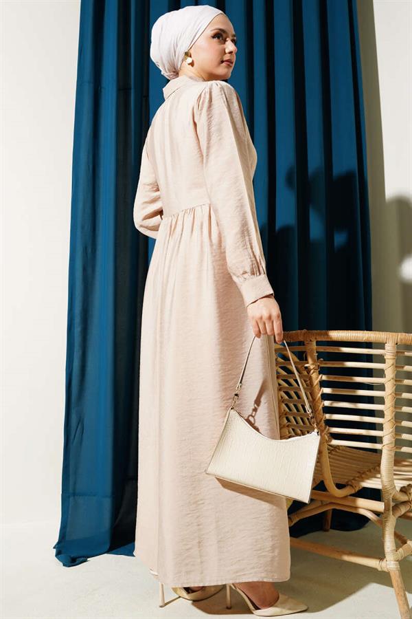 Tied Half Stone Buttoned Dress Beige