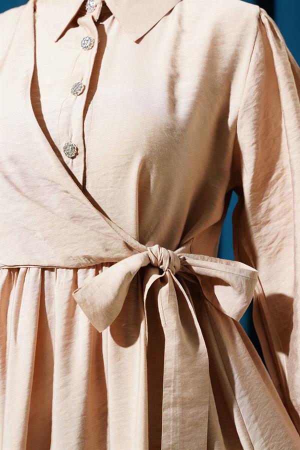 Tied Half Stone Buttoned Dress Beige