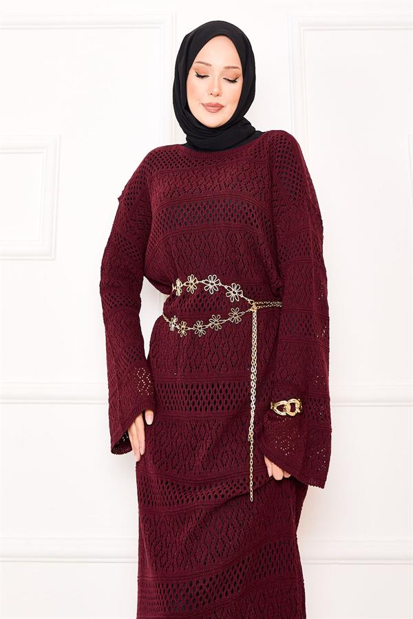 Diamond Pattern Openwork Knit Dress, Burgundy