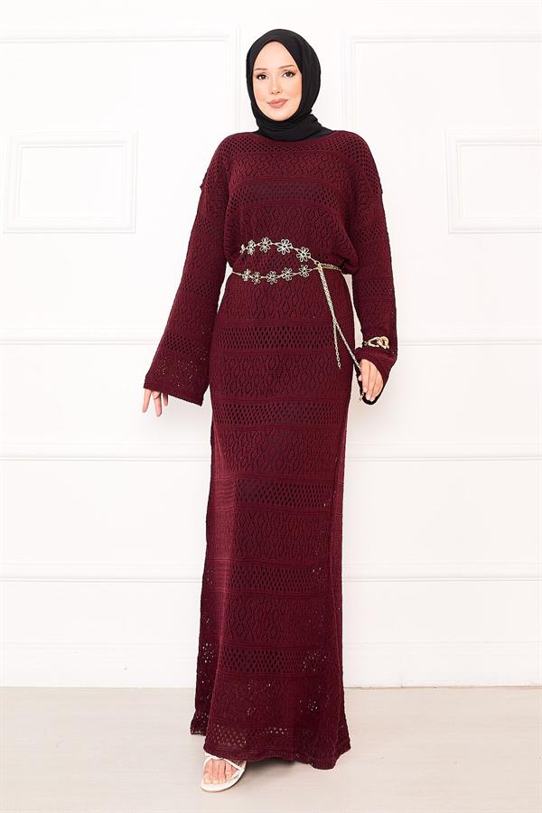 Diamond Pattern Openwork Knit Dress, Burgundy