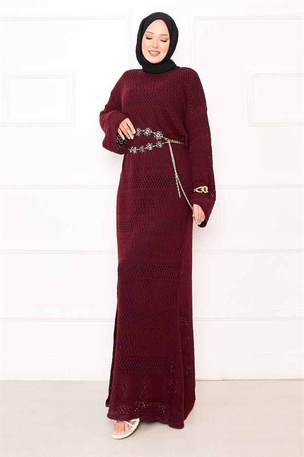 Diamond Pattern Openwork Knit Dress, Burgundy