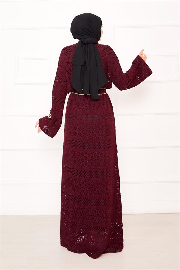 Diamond Pattern Openwork Knit Dress, Burgundy