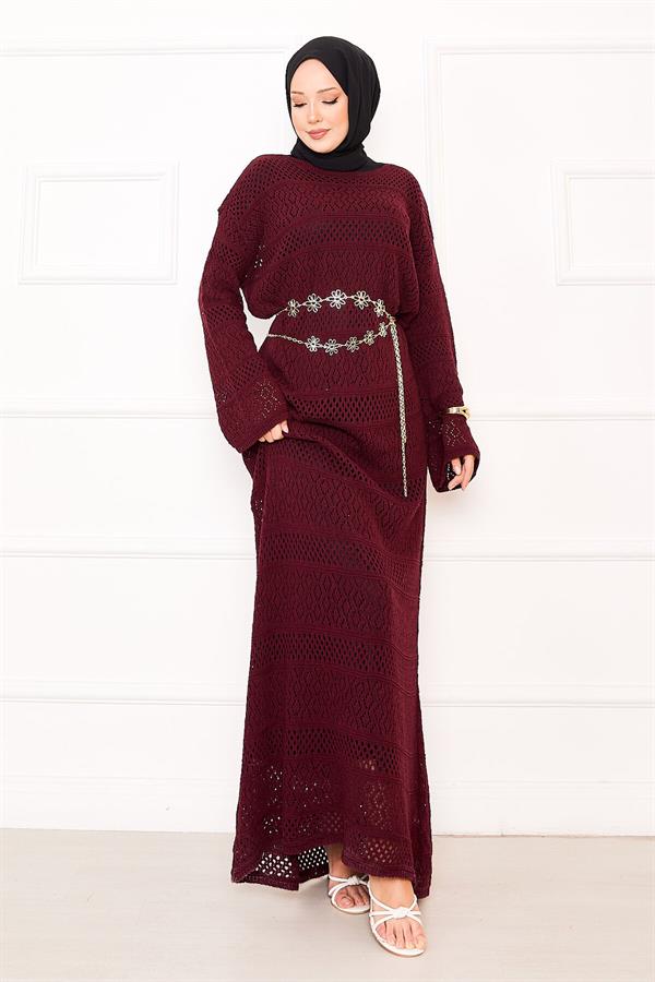 Diamond Pattern Openwork Knit Dress, Burgundy