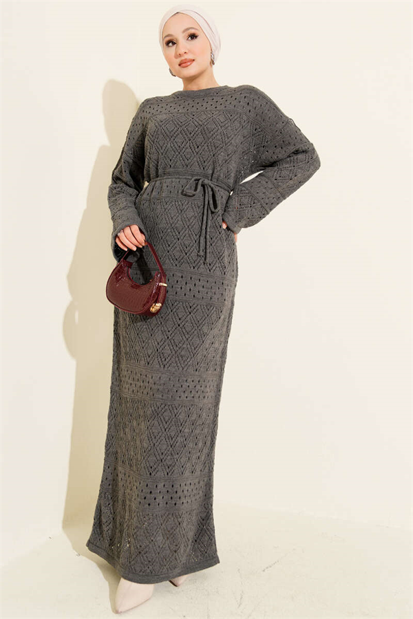 Baklava Pattern Openwork Knit Dress, Smoke Grey
