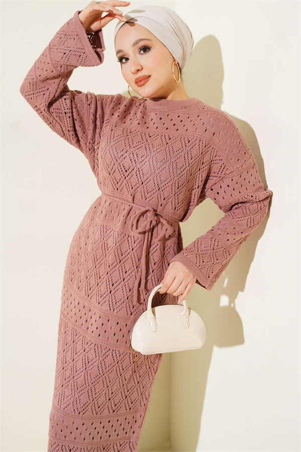 Baklava Pattern Openwork Knit Dress, Rose Pink
