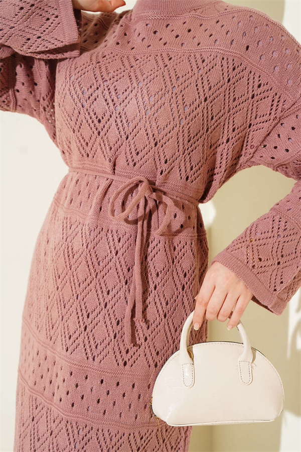 Baklava Pattern Openwork Knit Dress, Rose Pink