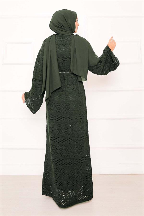 Diamond Pattern Openwork Knit Dress Khaki
