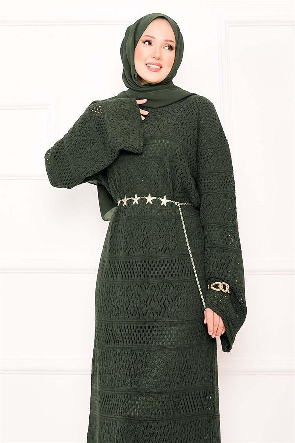 Diamond Pattern Openwork Knit Dress Khaki