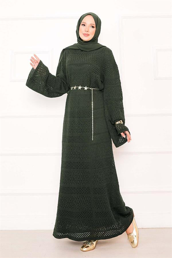 Diamond Pattern Openwork Knit Dress Khaki