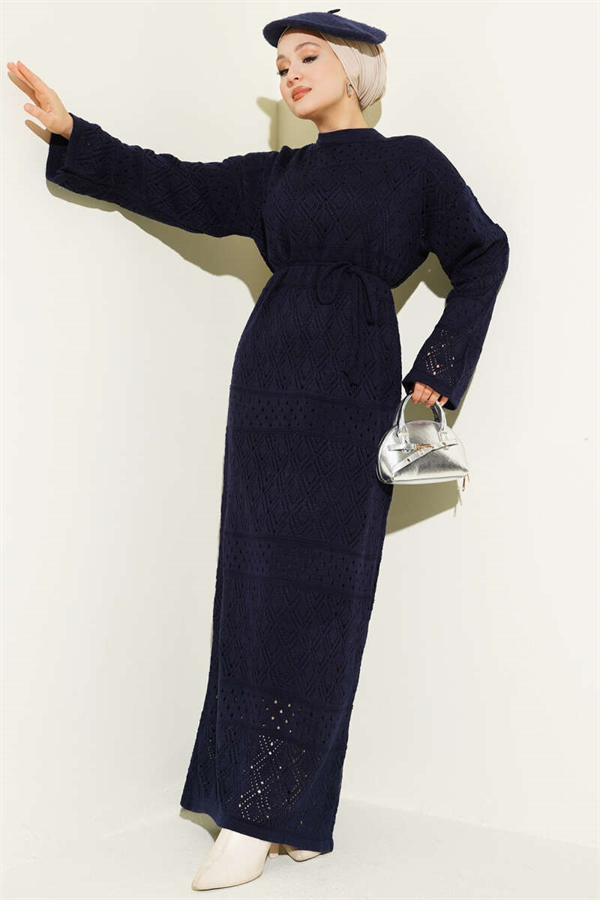 Baklava Pattern Openwork Knit Dress Navy Blue