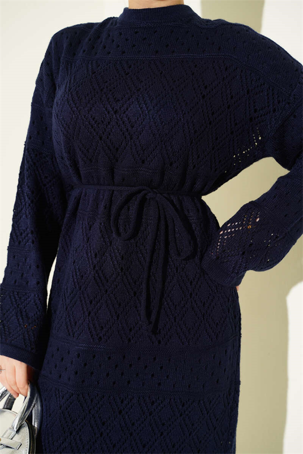 Baklava Pattern Openwork Knit Dress Navy Blue
