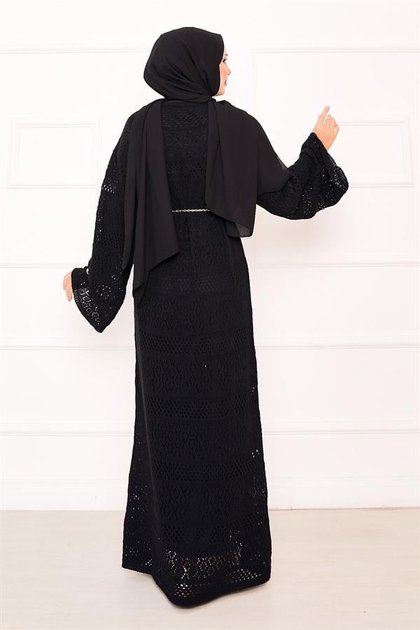 Diamond Pattern Openwork Knit Dress Black