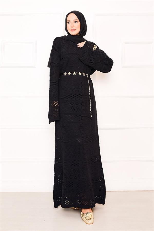 Diamond Pattern Openwork Knit Dress Black
