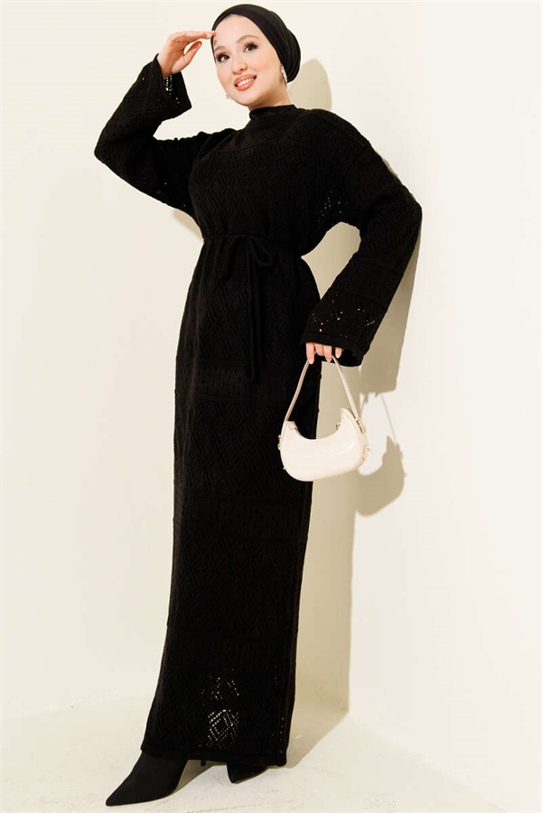Baklava Pattern Openwork Knit Dress Black