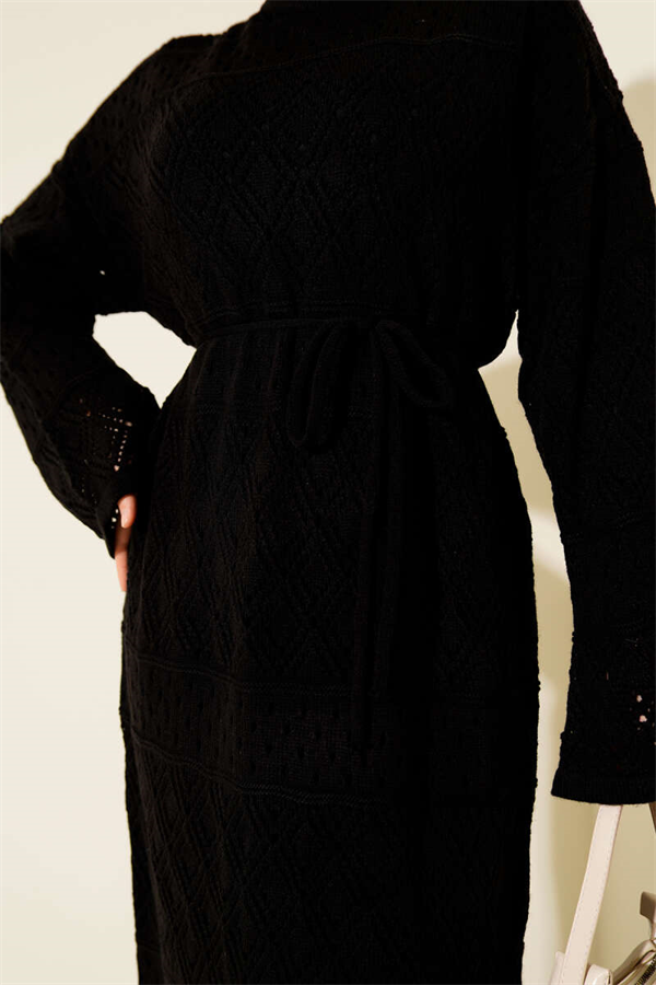 Baklava Pattern Openwork Knit Dress Black