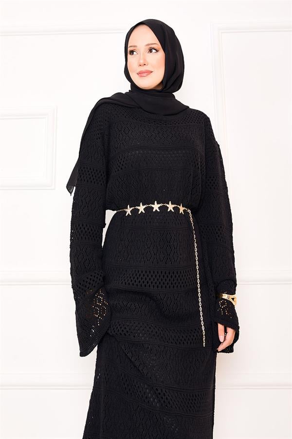 Diamond Pattern Openwork Knit Dress Black