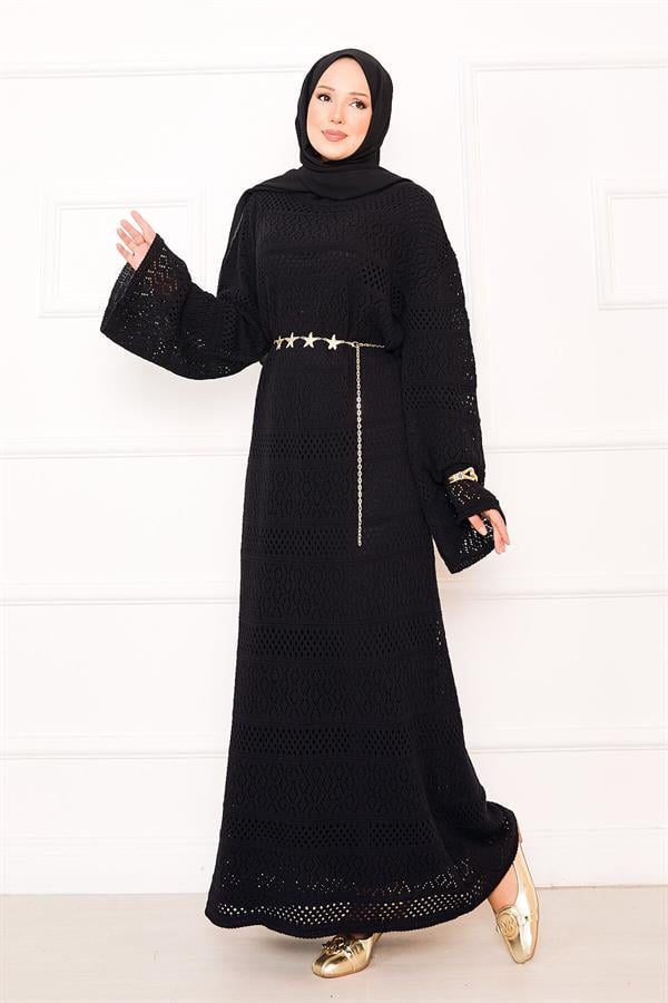 Diamond Pattern Openwork Knit Dress Black