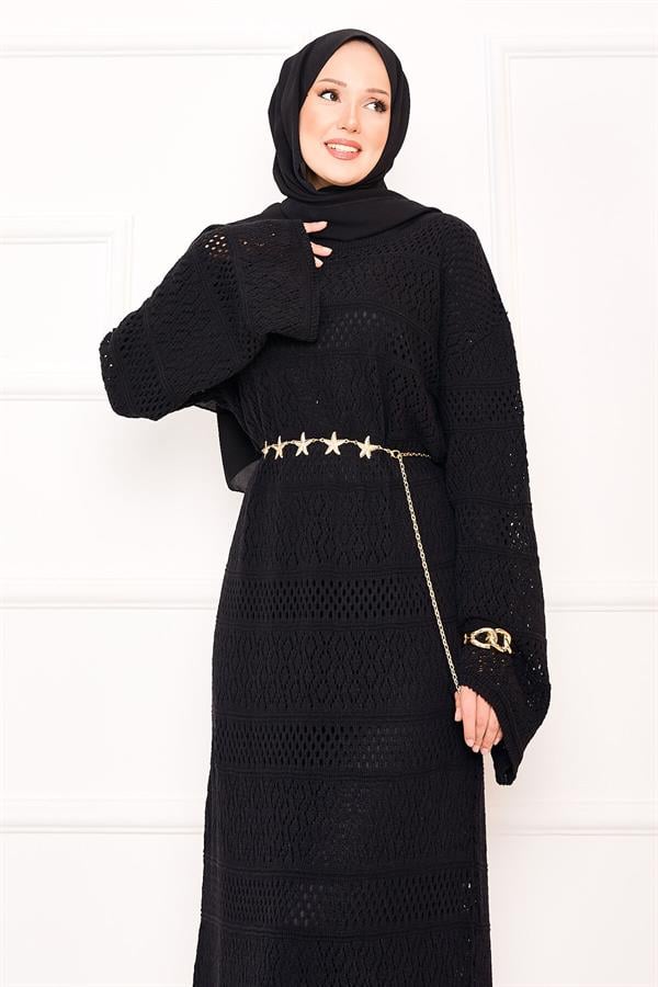 Diamond Pattern Openwork Knit Dress Black