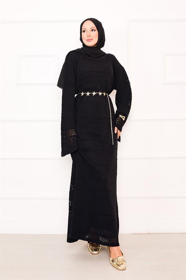 Diamond Pattern Openwork Knit Dress Black