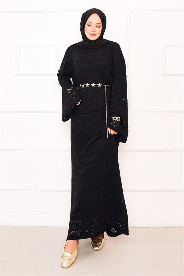Diamond Pattern Openwork Knit Dress Black