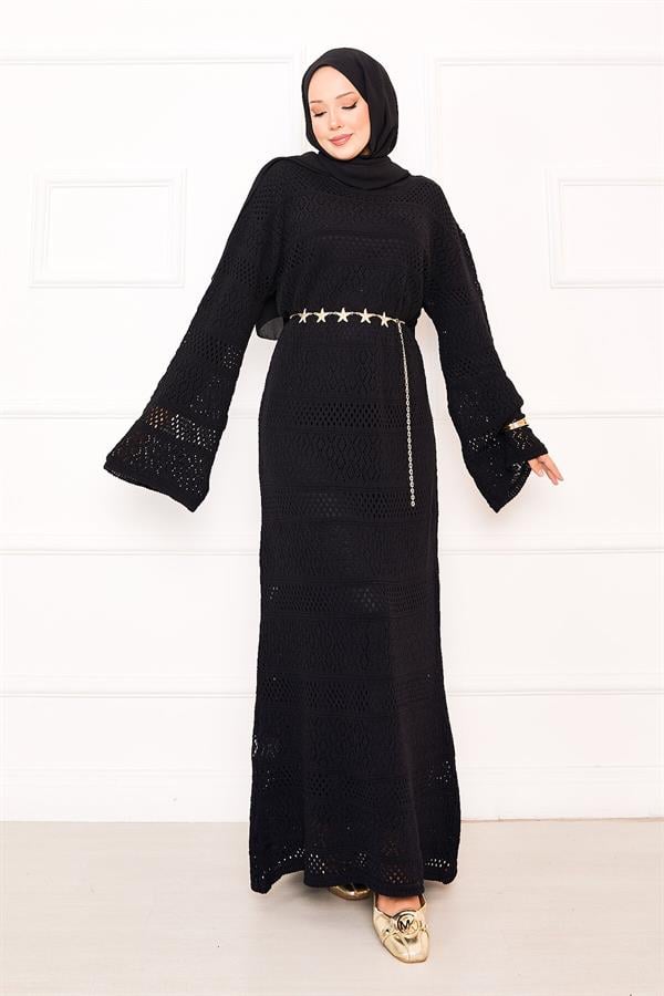 Diamond Pattern Openwork Knit Dress Black