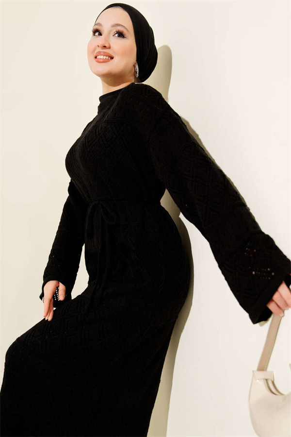 Baklava Pattern Openwork Knit Dress Black