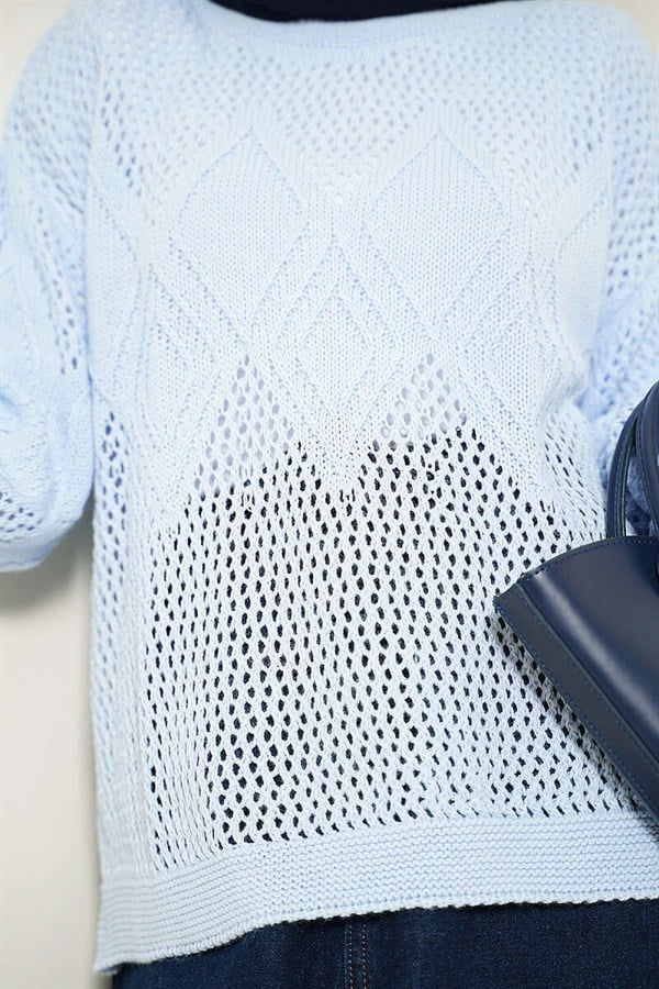 Baklava Pattern Openwork Knit Sweater Baby Blue