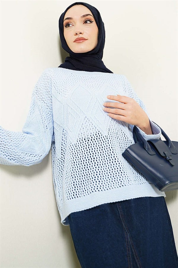 Baklava Pattern Openwork Knit Sweater Baby Blue