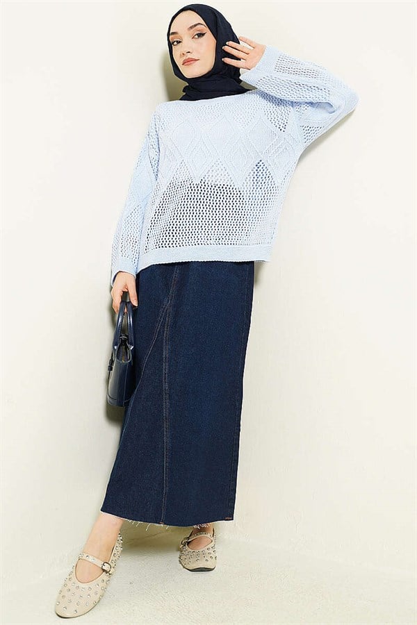 Baklava Pattern Openwork Knit Sweater Baby Blue