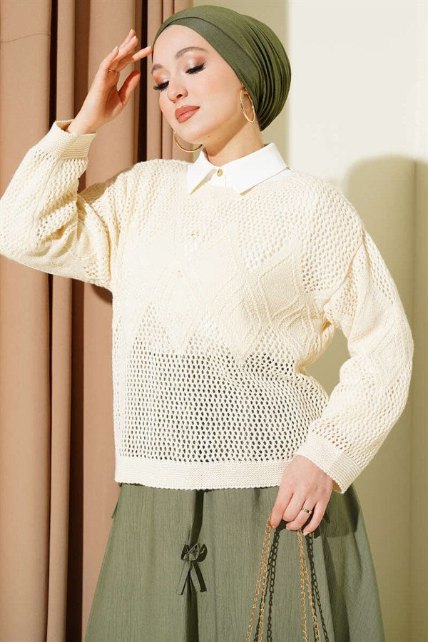 Baklava Pattern Openwork Knit Sweater Beige
