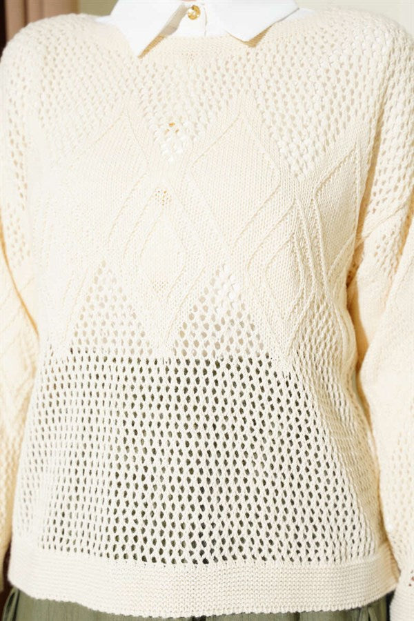 Baklava Pattern Openwork Knit Sweater Beige